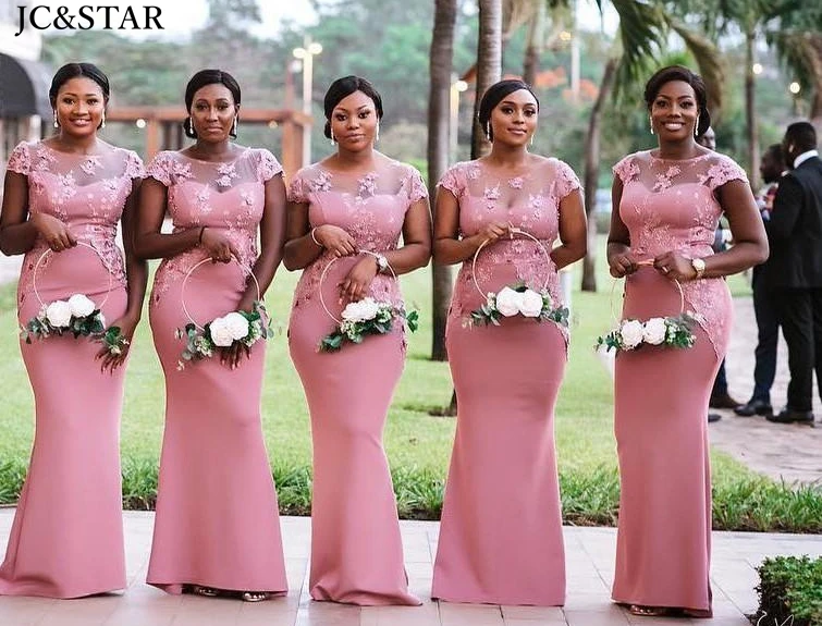 vestido de madrinha de casamento rose mermaid bridesmaid dresses long African wedding party Gowns Elegant robe femme short sleev