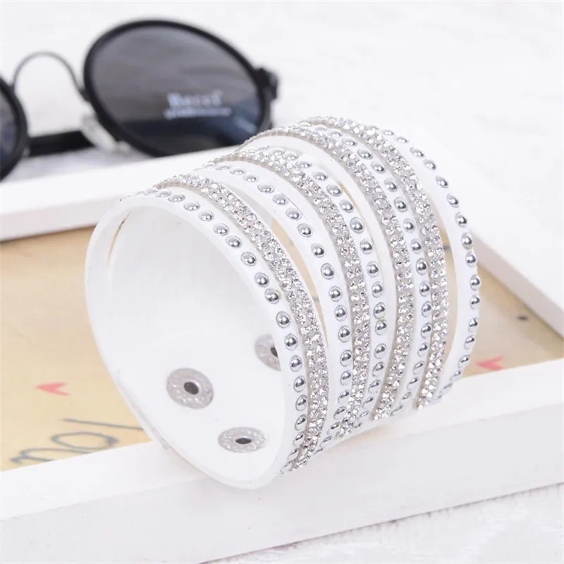 Handmade Leather Bracelets for Women Full rivet Crystal Round Wide Men Women Bracelet New arrvial Gift Jewelry