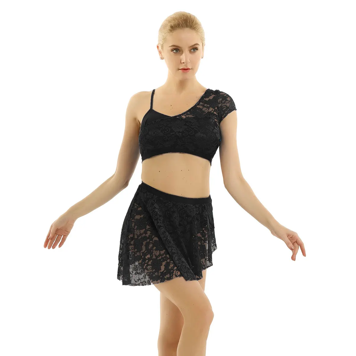 Abiti da ballo per balletto per donna body per balletto per adulti abito lirico sovrapposizione di pizzo abiti moderni asimmetrici Crop Top con gonna