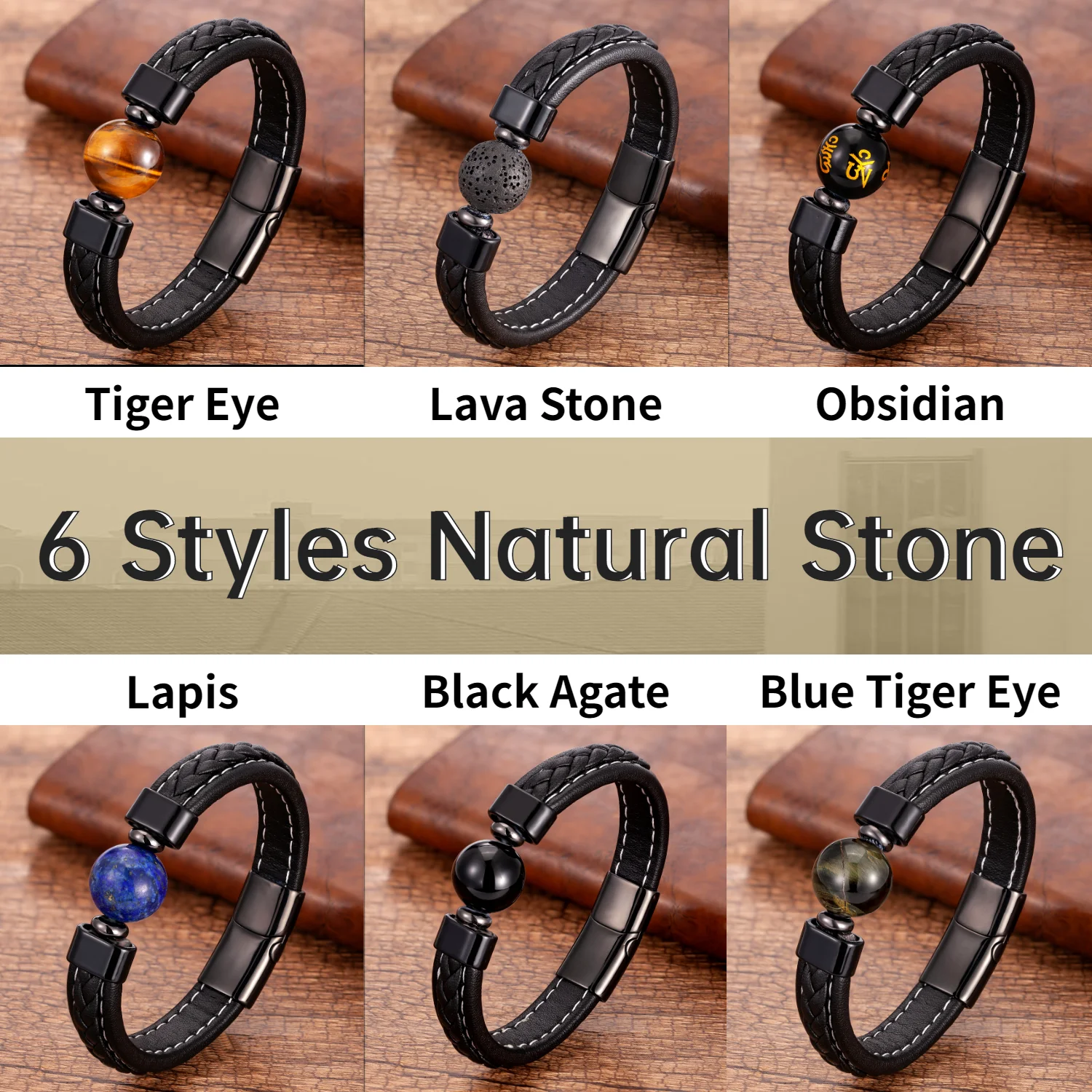 Pulseiras De Couro Genuíno Para Homens, Fecho De Aço Inoxidável, Charme Na Moda, Olho De Tigre Natural, Jóias De Pedra Lava, 6 Estilos