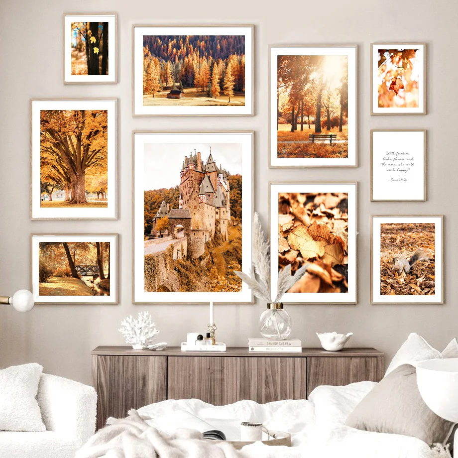 Autumn Pumpkin Maple Leaf Pine Forest Castle Squirrel Nordic Style Wall Canvas Painting Poster And Print Living Room Home Decor