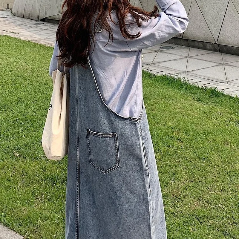 High Street Sleeveless Dress Women Chic Denim Multi Pockets Harajuku A-line Loose Waist Adjustable Strap French Retro Mid-calf