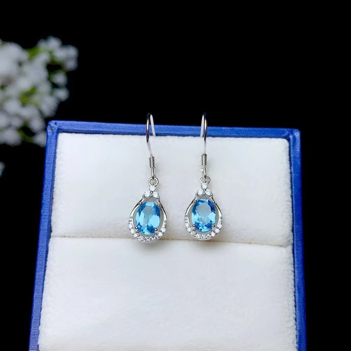 Fashion 925 Silver Hook Earrings for Party 5mm*7mm Natural Light Blue Topaz Drop Earrings Sterling Silver Topaz Jewelry