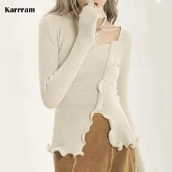 Karrram Sexy Irregular Pullovers Women V-neck Split Ruched Designer Knitted Sweater Ladies Elegant Slim Jumpers Autumn Chic Tops