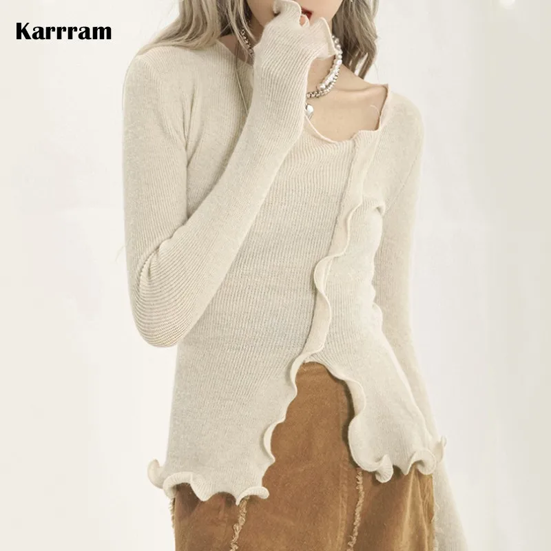 Karrram Sexy Irregular Pullovers Women V-neck Split Ruched Designer Knitted Sweater Ladies Elegant Slim Jumpers Autumn Chic Tops