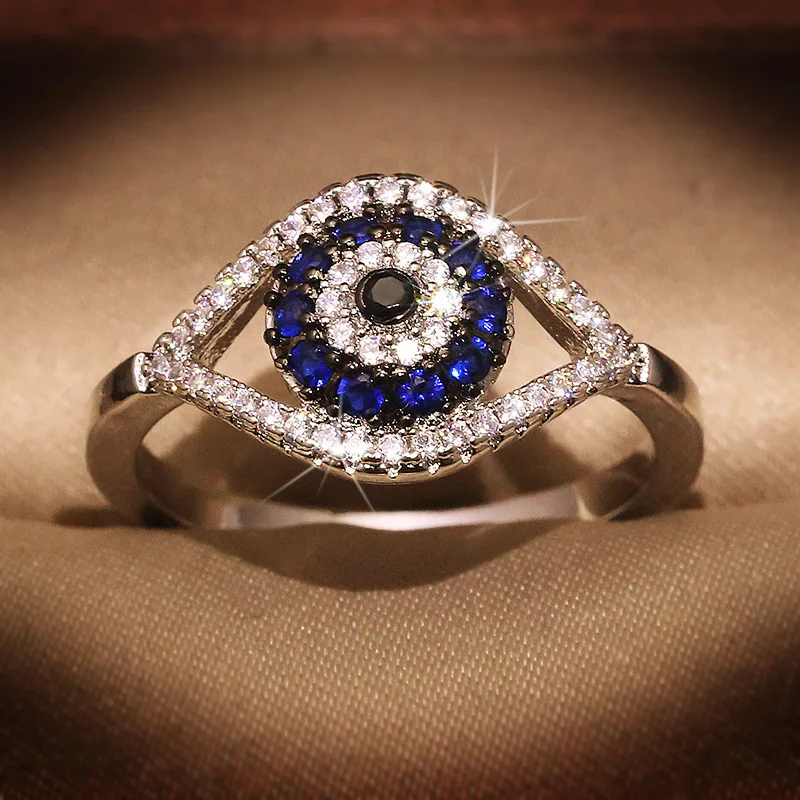 NEW Punk Female Blue Crystal Stone Ring Charm S925 Silver Color Wedding Jewelry For Women Dainty Evil Eye Hollow Engagement