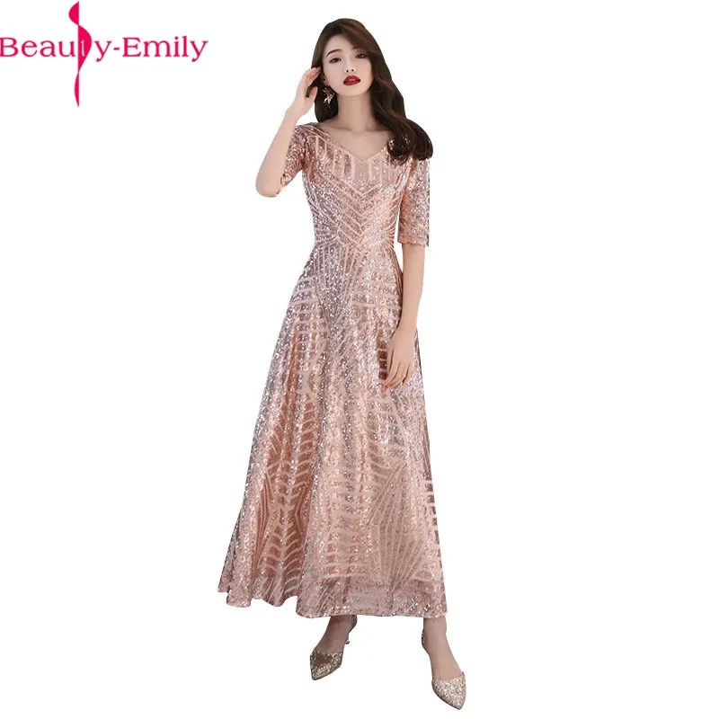 

Beauty Emily Sexy V Neck Zipper Back Gold Evening Dress Long Women Elegant lSequined Party Dress Ladies 2020