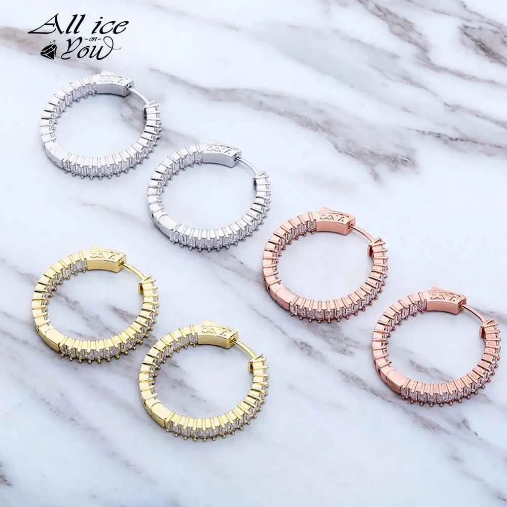 ALLICEONYOU Gold-plated Copper Iced Out High Quality Cubic Zirconia Round Earrings Hip Hop Fashion Jewelry Gift For Men Women