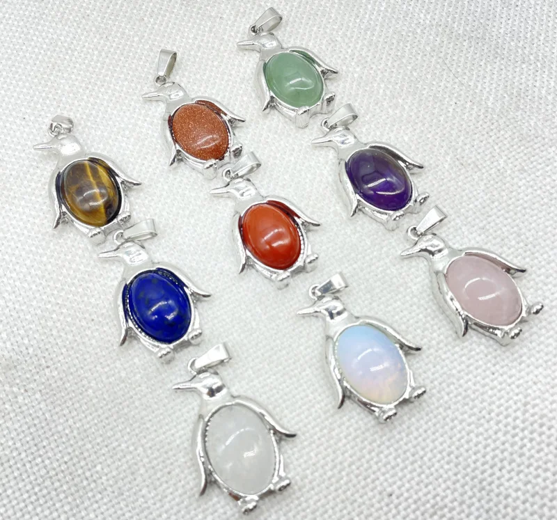 Natural Gem Stone Quartz Crystal Opal Amethyst Animal Penguin Archaize Silver Pendant For DIY Jewelry Making Necklace 10pcs