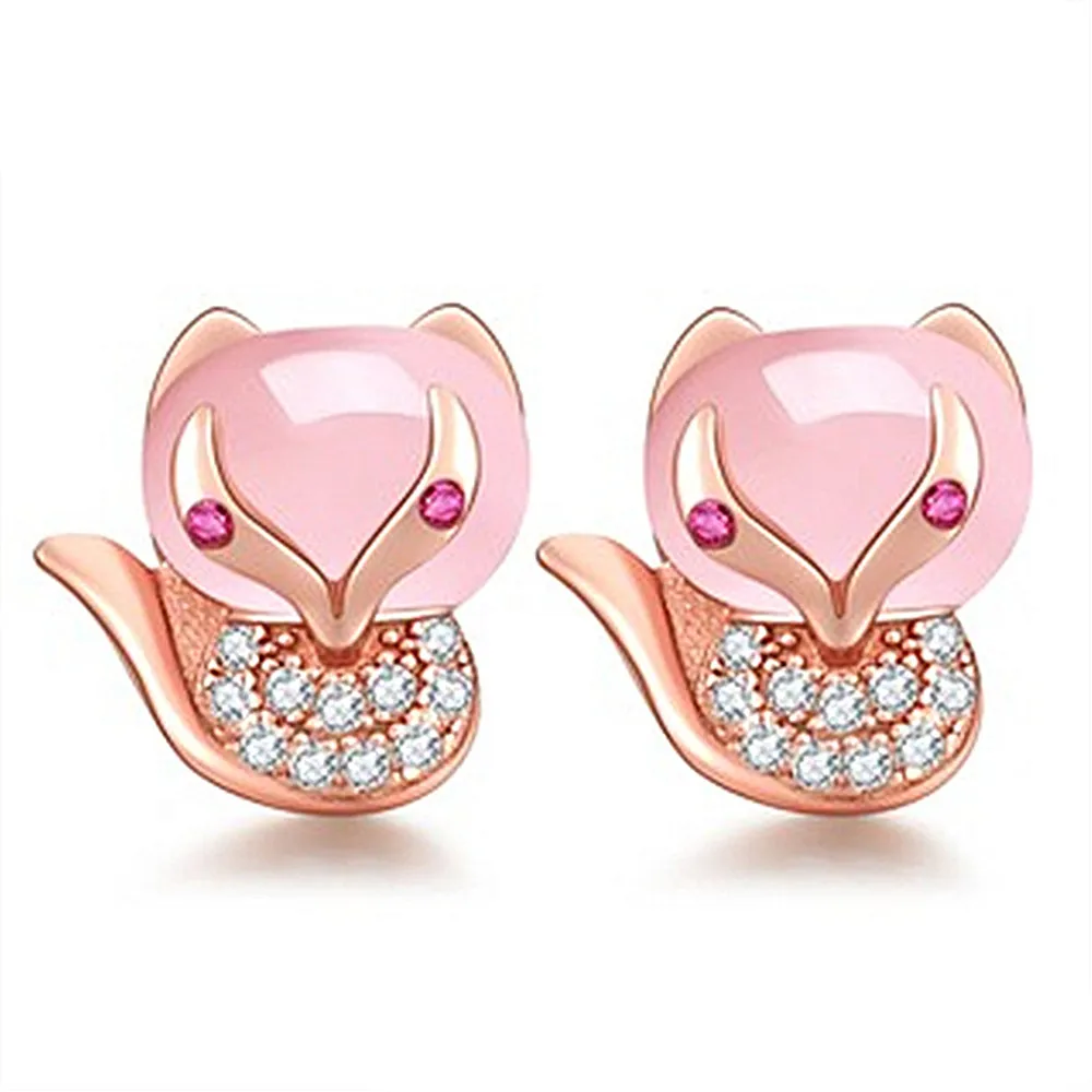 Cute fox pink crystal zircon diamonds gemstones stud earrings for women rose gold color jewelry bijoux brincos fashion accessory