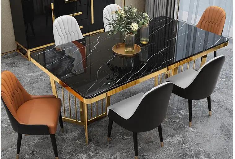 Marble dining table and chair combination rectangular slab family high-end gold-plated dining table