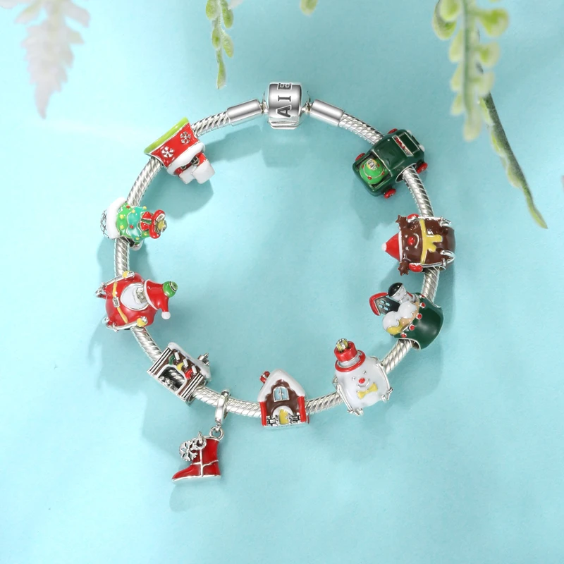 Christmas Gifts 925 Sterling Silver Charm Colorful Pendant Snow House Cake Santa Christmas Sock Bead for Original Bracelet DIY