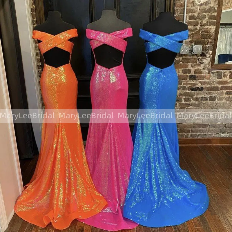 Colorful Shiny Sparkly Sequin Bridesmaid Dresses Off Shoulder Mermaid Wedding Party Gowns Crisscross Hollow Back Formal Dress