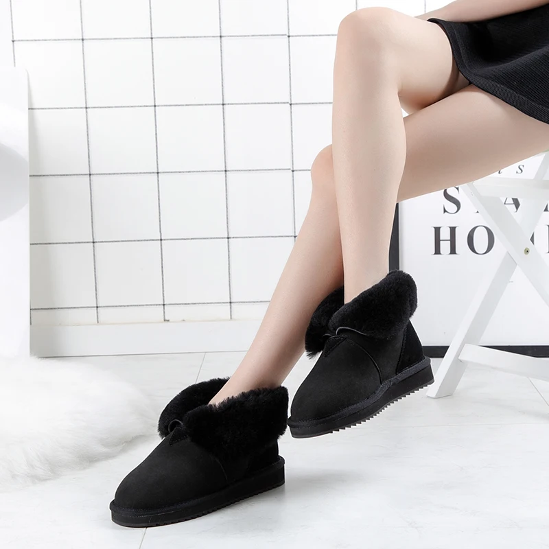 KZZO Women Boots Genuine Leather Fashion Natural Wool Fur Lined Flat Winter Ankle Warm Shoes 2023 Australia Big Size 34-44