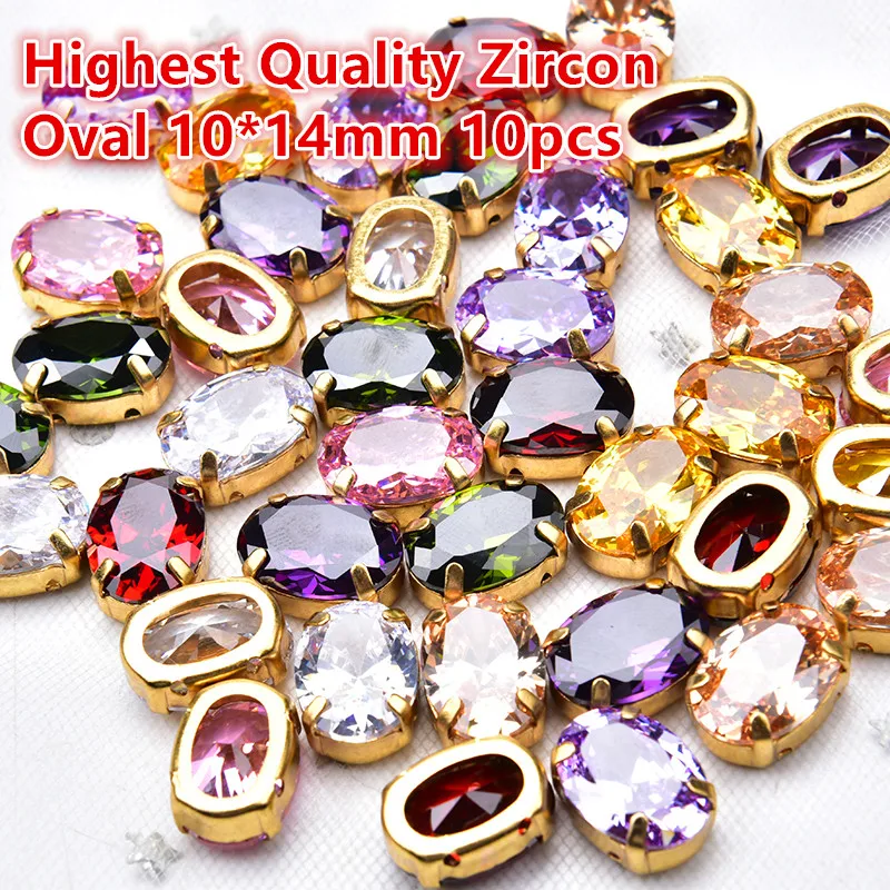 Highest Quality Zicron Rhinestones Oval 10x14mm Stone With Gold Claw Sew On Wedding Decoration DIY Accessories 10pcs/lot