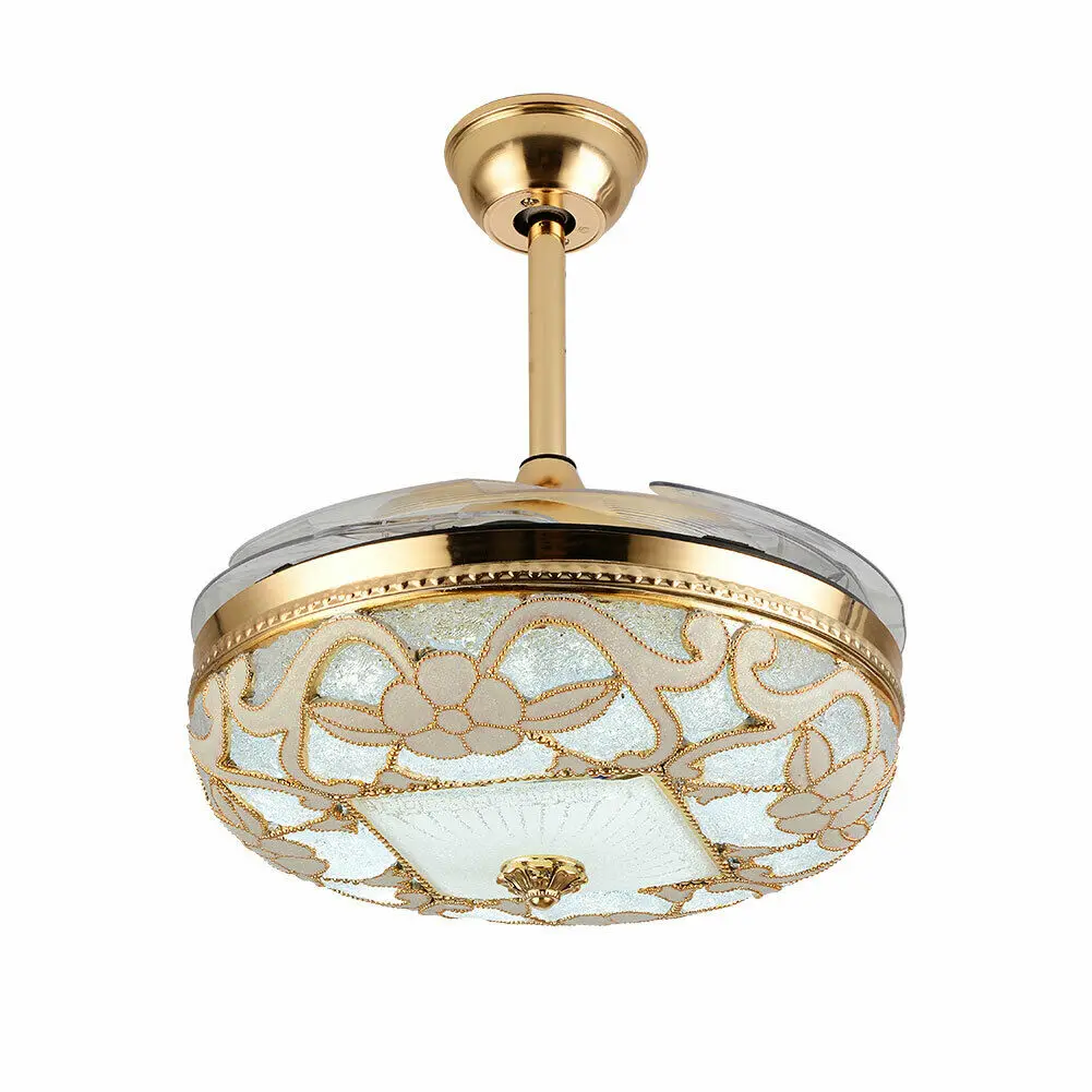 OUKANING 42" Gold LED Crystal Ceiling Fan Light 4 Retractable Blades 3 Speed Setting Chandelier with Remote Control for Indoor