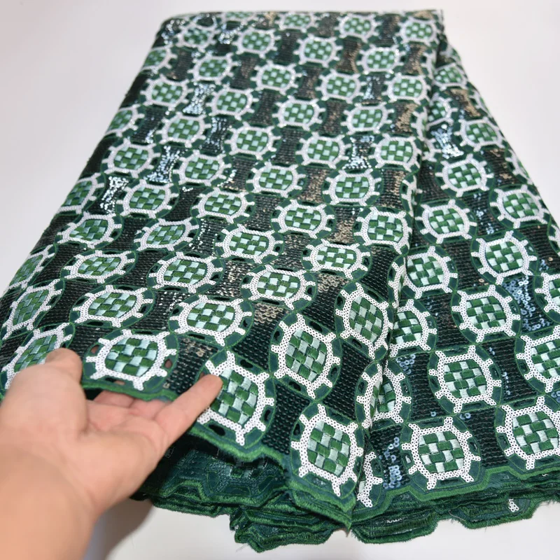 (5yards/pc) High quality green African hand cut organza lace fabric with detailed sequins embroidery for party dress OP84