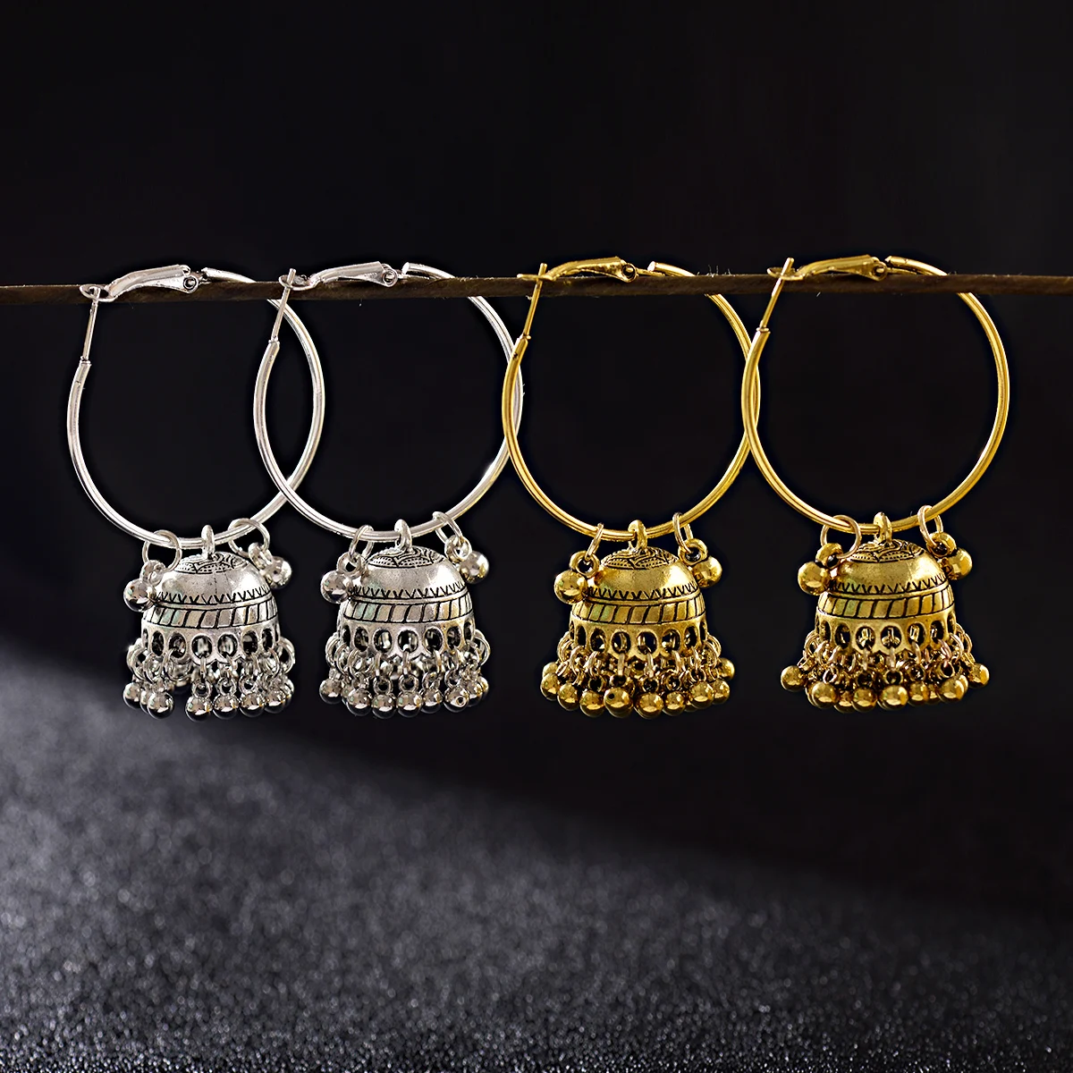 Women‘s Boho Ethnic Gold Silver Plated Jhumka Indian Earring Gypsy Jewelry Vintage Big Bells Dangle Hanging Earrings For Women