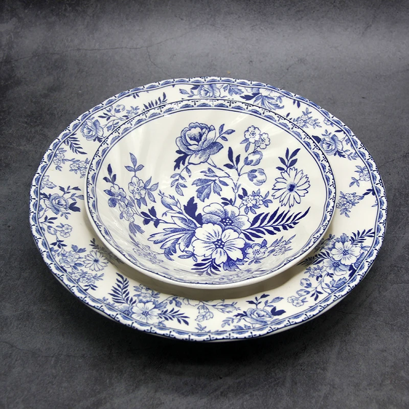 The Blue And White Dinner Set Elegant England Style Dinner Ware Ceramic Breakfast Plate Beef Dishes Dessert Dish Soup Bowl