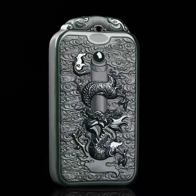 Beautifully Hetian Jadeite Pendant Amulet Double-sided Engraved Dragon Churinga Hanging Necklace Talisman