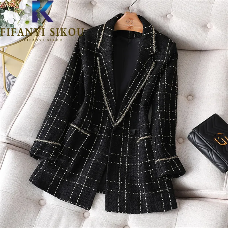 

Black Tweed Blazer Jacket Women High Quality Double Breasted Fashion Elegant Suit Jacket Autumn Casual Slim Blazers Coat Female