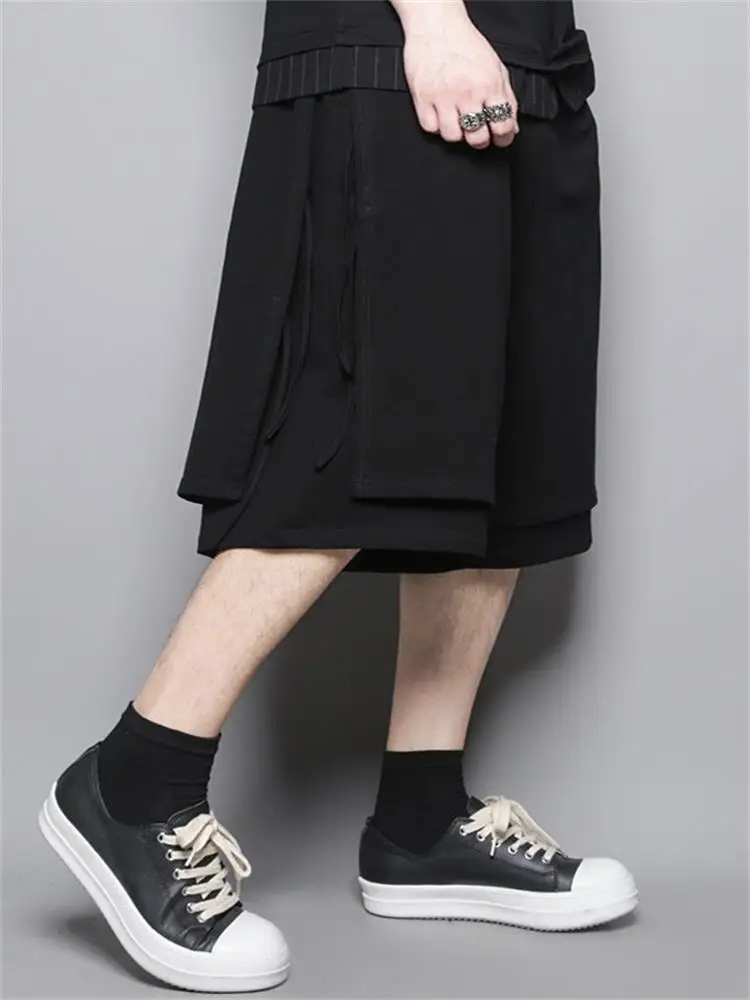 Fake two pieces of Japanese dark black ribbons on both sides webbing straps casual sports loose harem shorts men's five-point pa