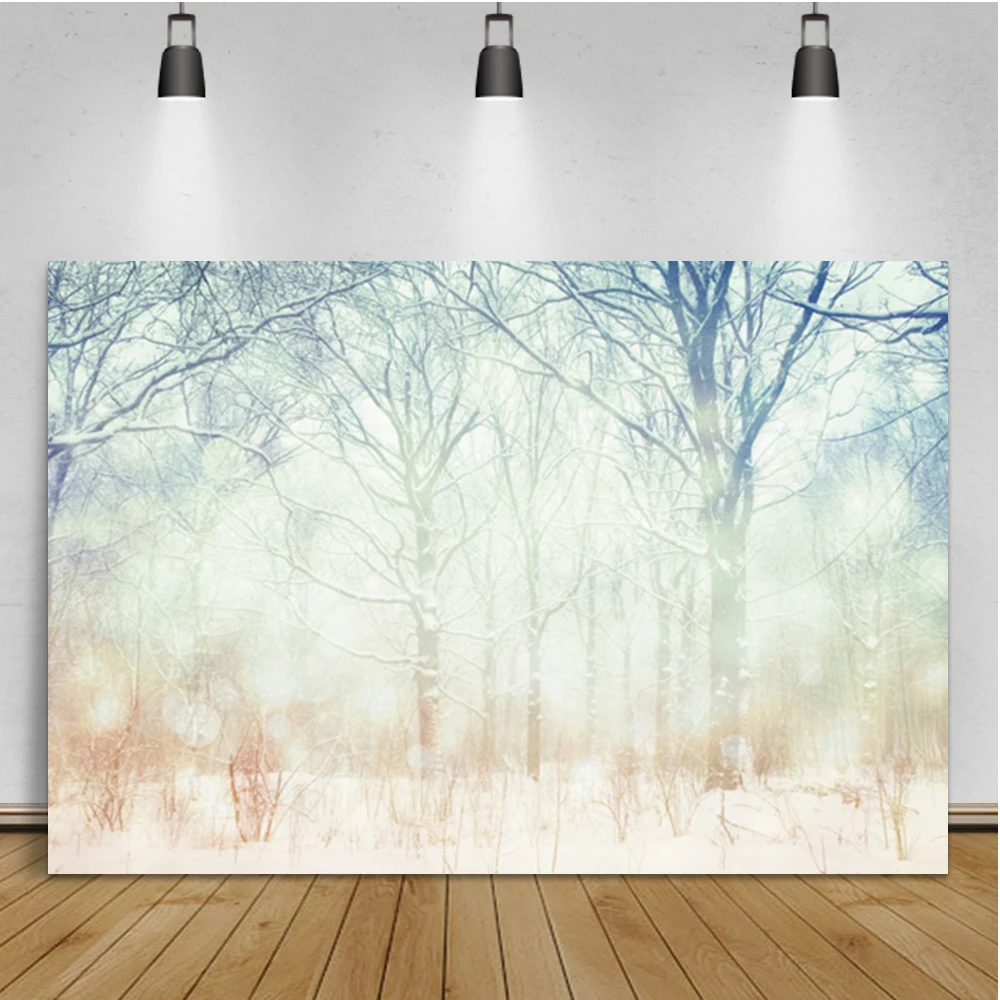Laeacco Mùa Đông Rừng Trắng Bông Tuyết Ánh Sáng Bokeh Giáng Sinh Cảnh Quan Ảnh Nền Chụp Ảnh Bối Cảnh Cho Studio Ảnh