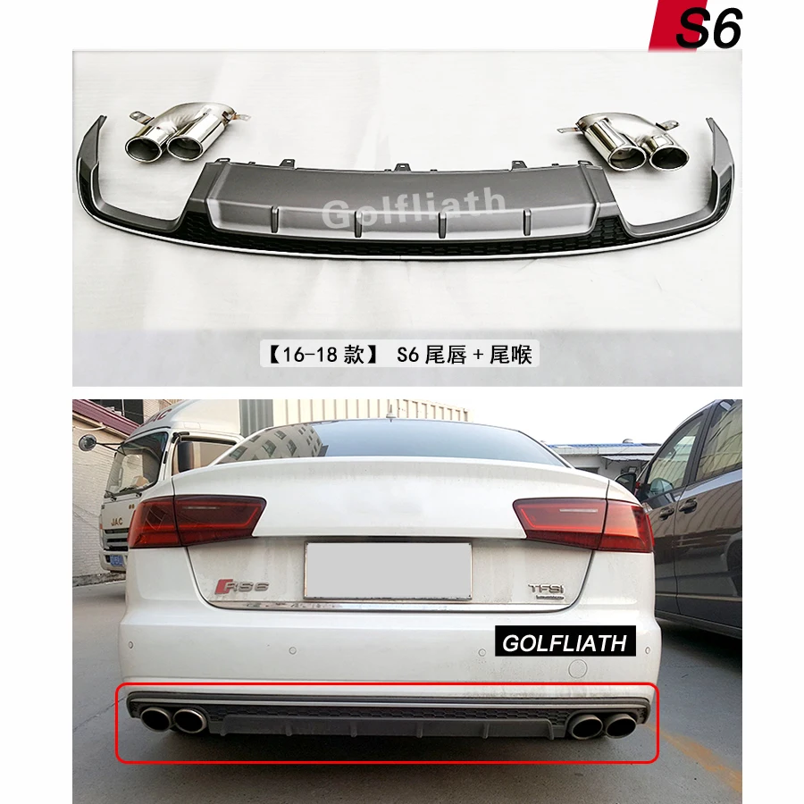 S6 Style gray painting Rear Bumper Lip Diffuser With Exhaust Muffler Pipe for Audi A6 Standard Bumper 2016-2018