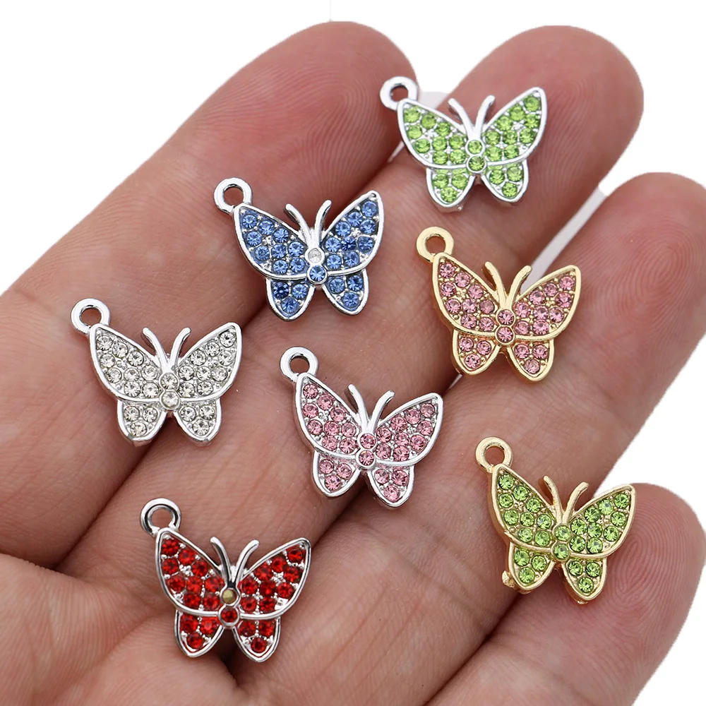 10Pcs Silver Plated Crystal Butterfly Charms Pendants for Jewelry Making Bracelet Necklace DIY Earrings Accessories