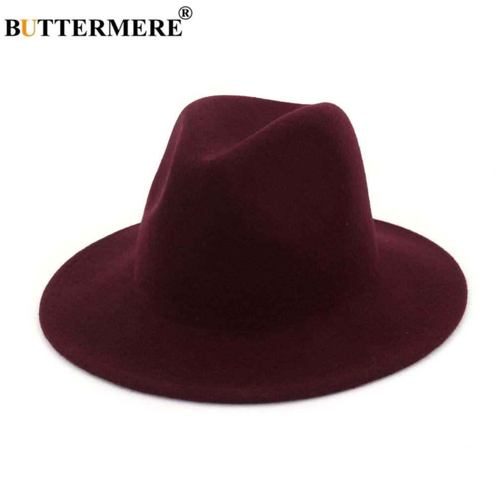 

BUTTERMERE 100% Wool Wide Brim Simple Church Derby Top Hat Panama Solid Felt Fedoras Hat for Men Women Solid Burgundy Jazz Cap