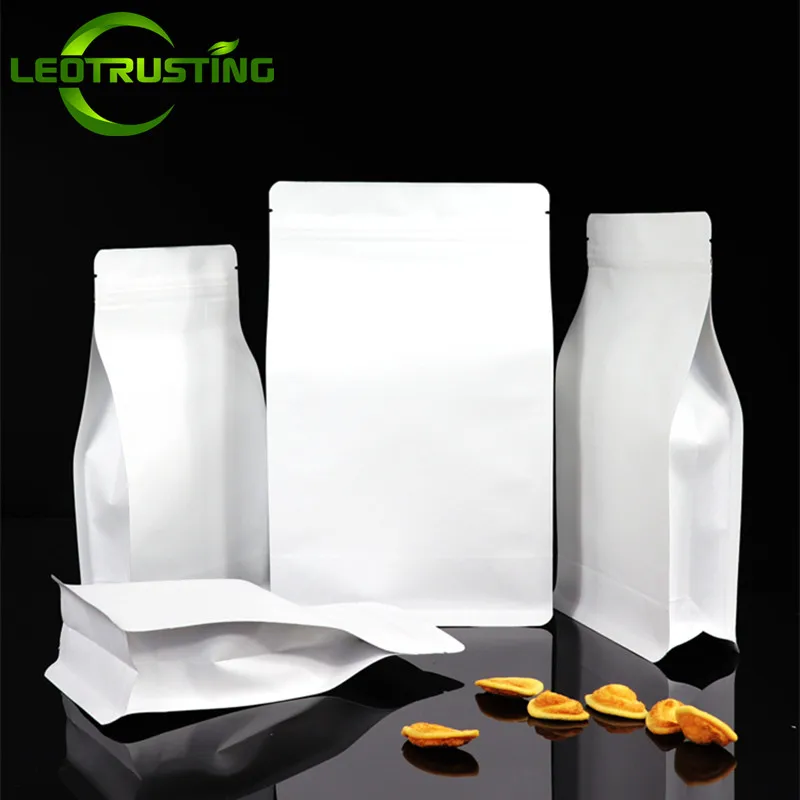 50PCS 3D Side Gussets White Paper Zipper Bag Resealable Ground Coffee Dried Fruits Spice Seeds Sugar Cereals Storage Pouches