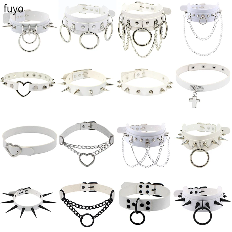 White Sexy Vegan Choker Necklaces Punk Harajuku Goth Collar Chain Traction Necklace Leather Bondage Cosplay Party Jewelry grunge