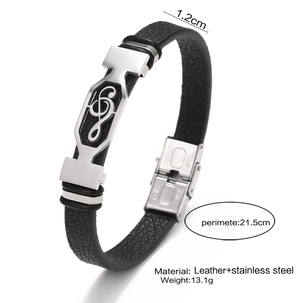 2021 Trend Glamour Jewelry Classical Stainless Steel Music Symbol Bracelet Leather Cuff Bracelet Men And Women Pulsera Hombre