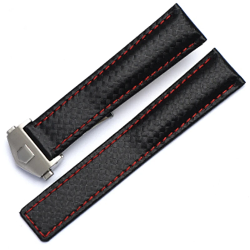 For TAG heuer  watchband Carbon fiber texture cow leather bottom BLACK RED wristband men\'s strap 20mm 22mm with folding buckle