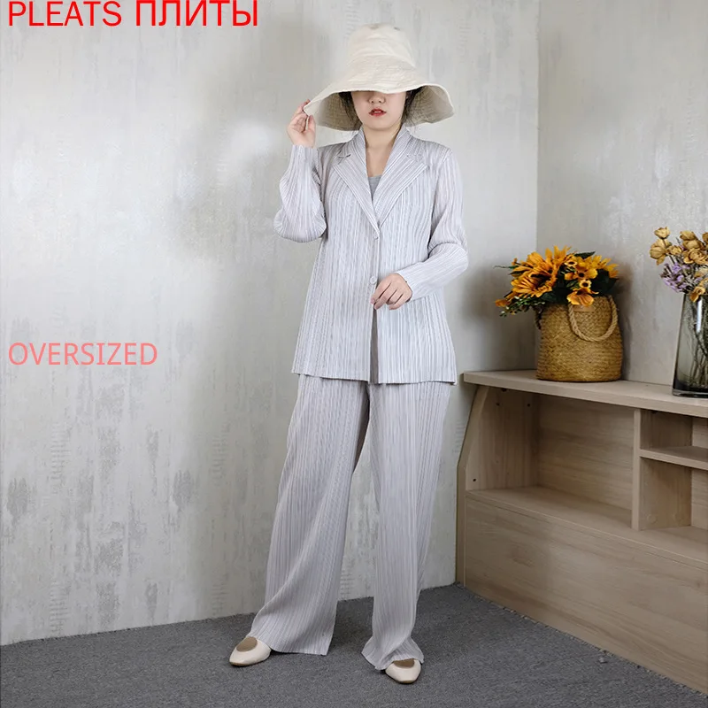 Miyake's 2-Piece Suit for Women, Lapel, Wide Shoulder, Fold Waist, Jacket, Wide-Leg Pants, Women's New Set