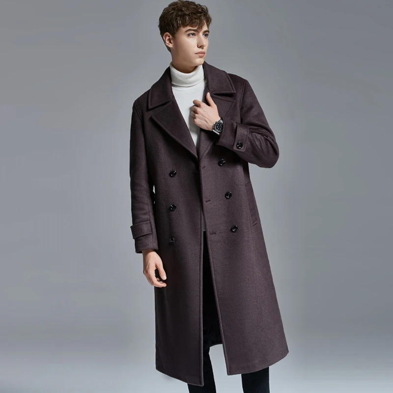 2023 Autumn/Winter New Causal Extra Long Wool Coat For Mens Fashion Double Breasted Purple Brown Woolen Coat Free Shipping