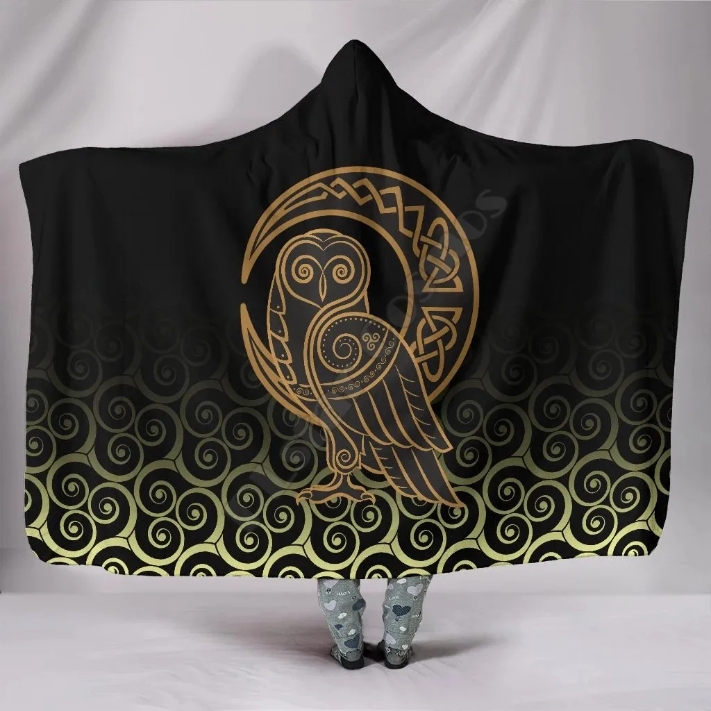 

Viking Hooded Blanket Owl Celtic On Triskels Background 3D Print Wearable Blanket Adults For Kids Hooded Blanket Fleece blanket