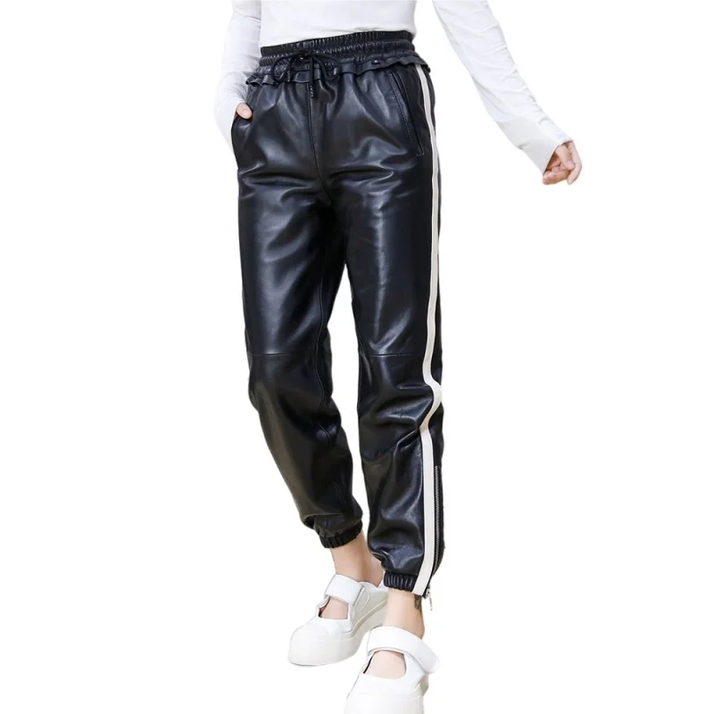 Women Fashion Sheepskin Genuine Leather Harem Pants Ruffles Elastic Waist Side Striped Joggers Pants Casual Streetwear Trousers