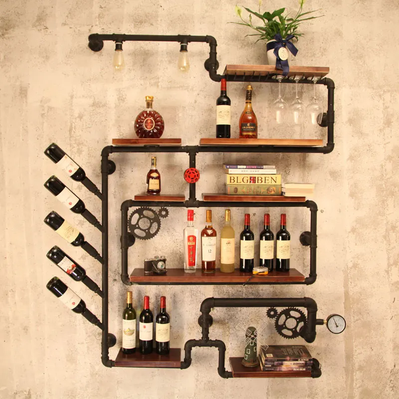 coffee shop bar wine cabinet wine rack Loft retro industrial style shelving shelf wall iron solid wood pipe wall hanging image 4