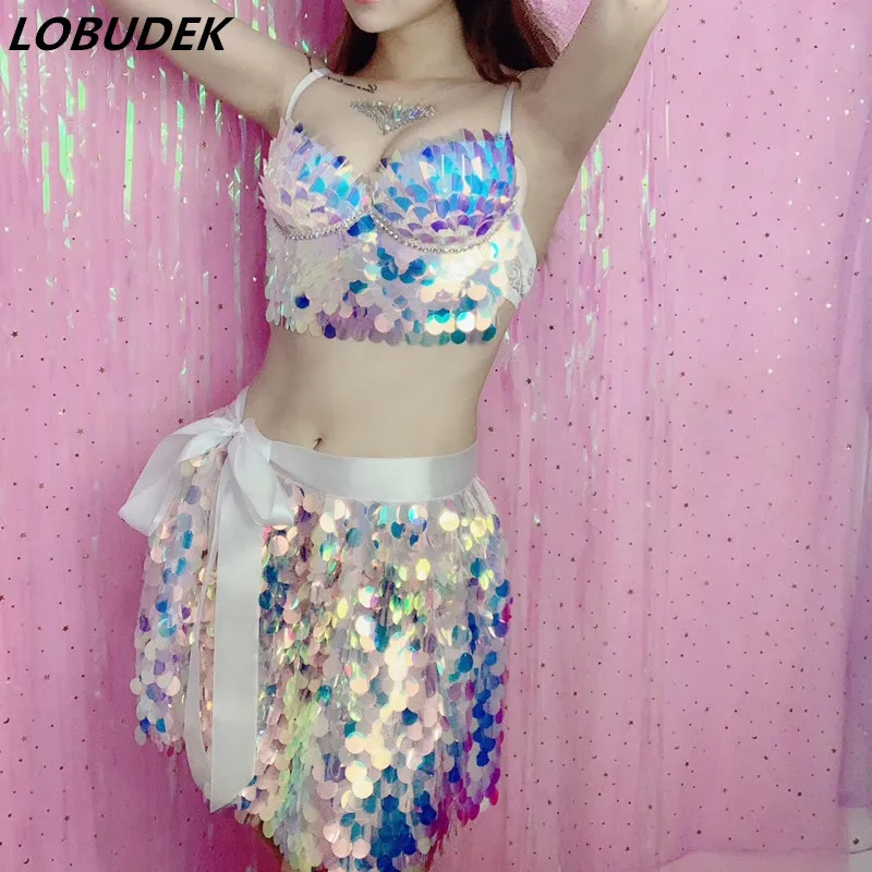 Sexy Shiny Sequins Bra Skirts 2 Pieces Set DJ Women Singer Nightclub Dancer Fish Scale Bikini Outfit Performance Costume