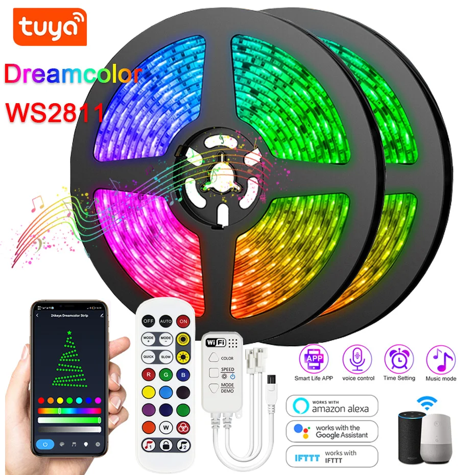 

Светодиодная лента WS2811 RGBIC 12 В 5050, гирлянсветильник, лампа Dream Color Tuya Smart Wifi/Bluetooth/IR, пульт дистанционного управления для Alexa, Рождественский Декор