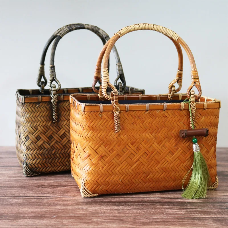 Hand-woven Retro Bamboo Woven Bag for Women, Handbag, Bamboo Woven Basket, Household Tea Storage Bag