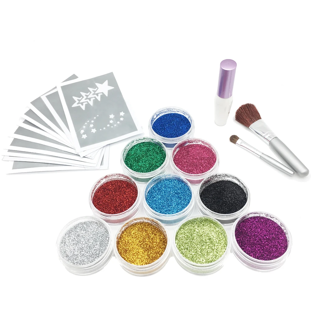 ใหญ่ 10 สี Glitter Tattoo Kit ชั่วคราว Tattoo Stencil อัญมณีเครื่องสําอางค์แปรงแม่แบบกาว Flash Powder Face Painting Art