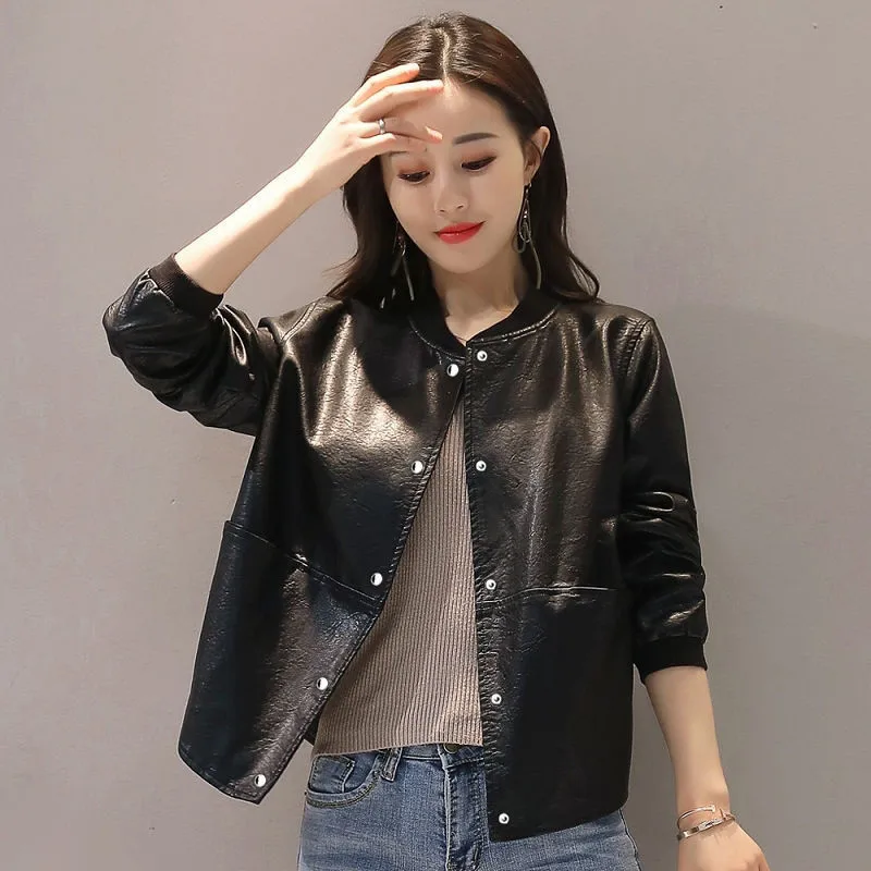 Women PU Leather Jacket 2021 New Female Spring Autumn Large Size Coats Female Short Leather Overcoat Casual PU Leather Jacket C