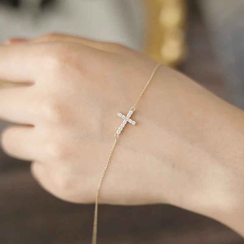 Timeless Classic Inlaid Zircon Cross 925 Sterling Silver 14K Gold Plated Thin Bracelet for Women Party Jewelry Gifts