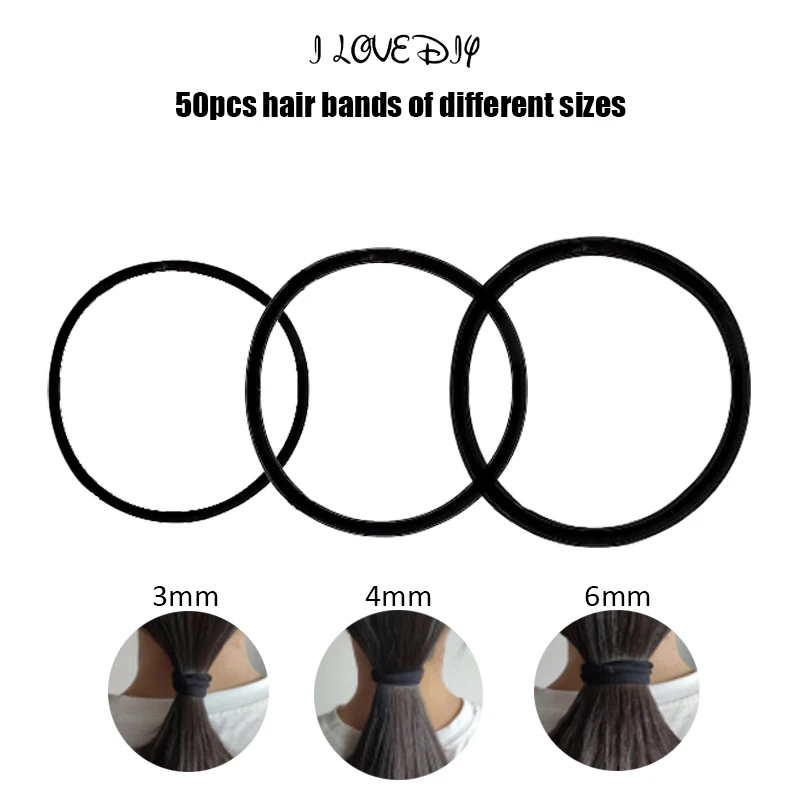 50pcs Black Hair Bands for Women Girls Step Size Hair Elastic Rubber Bands Basic Hair Ties Rope Ponytail Holder Hairbands Thick