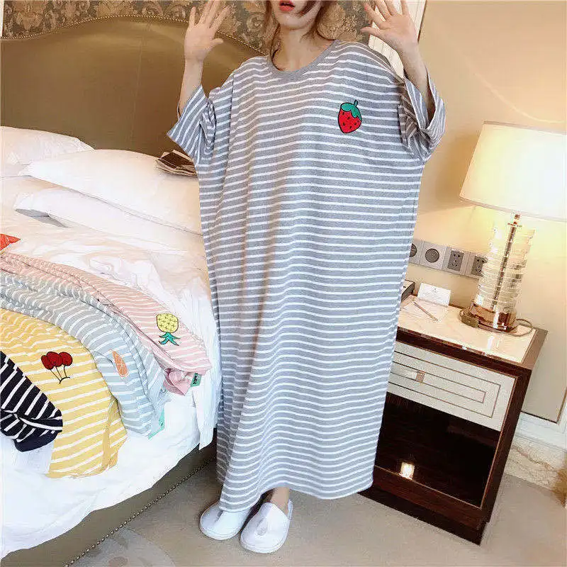 Nightgowns Women Mid-calf Striped Printed Plus Size 5XL Loose  Korean Casual Lovely Girls Sleep-shirts Comfortable Fashion Daily