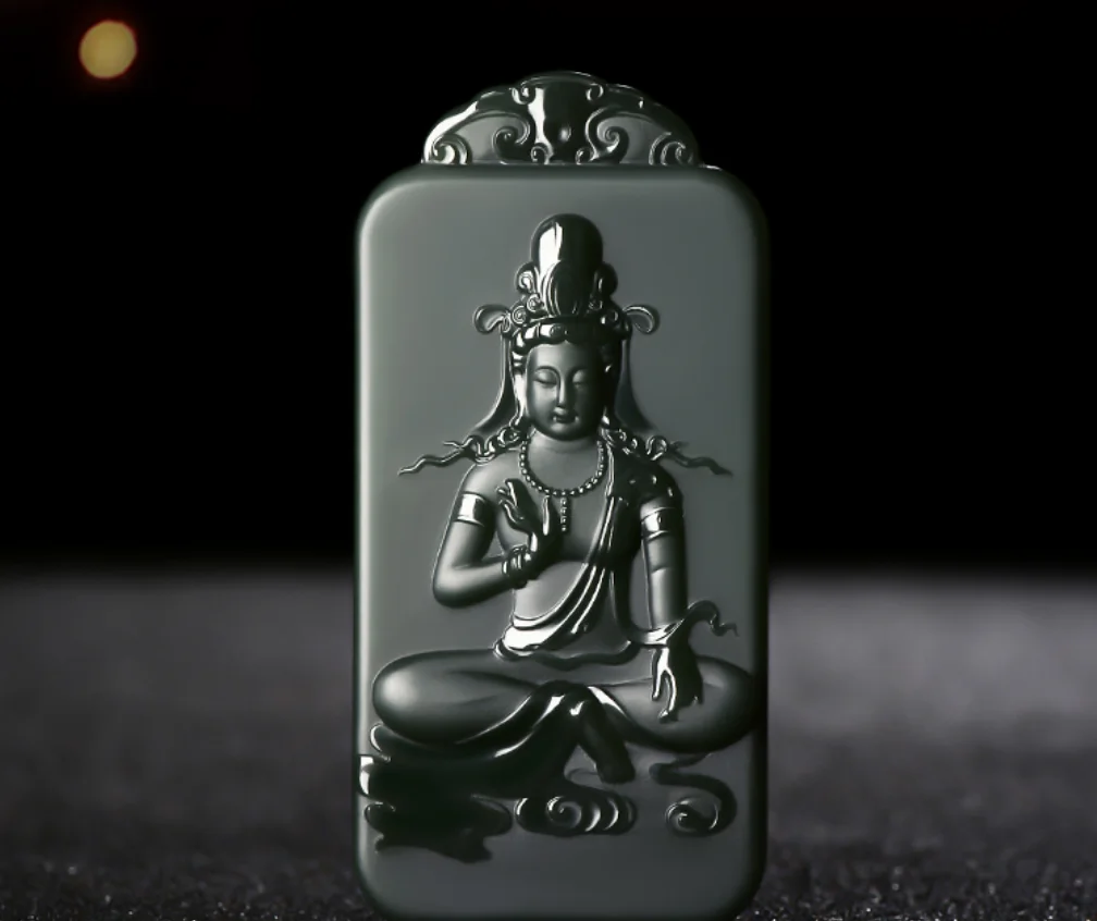 China Ancient Carving Natural Hetian Taqing Fine Tara Guanyin Pendant Men's Necklace Exquisite Jewelry Luck Accessorie