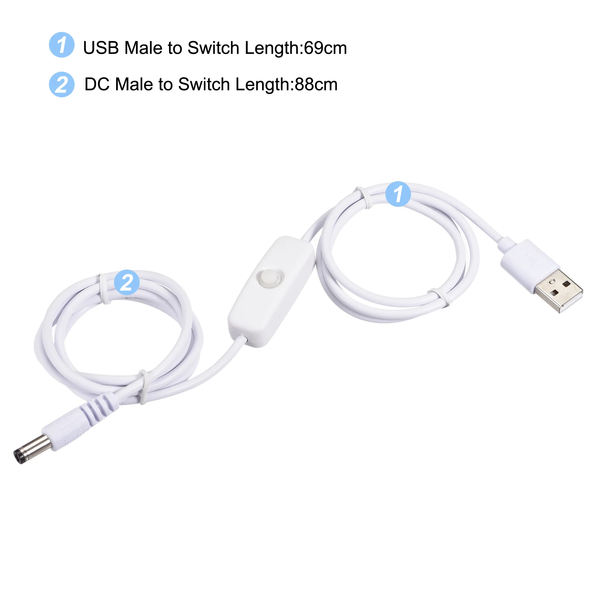 Uxcell-cable de extensión USB macho a 5,5x2,1mm DC macho con interruptor, 150cm, blanco