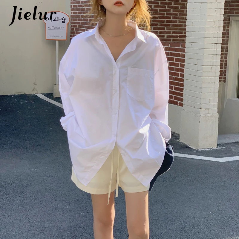 Jielur Korean Mid-length Harajuku Women Shirts Loose Blouse Female Street Casual Cool Boyfriend White Blue Shirt Pocket S-L